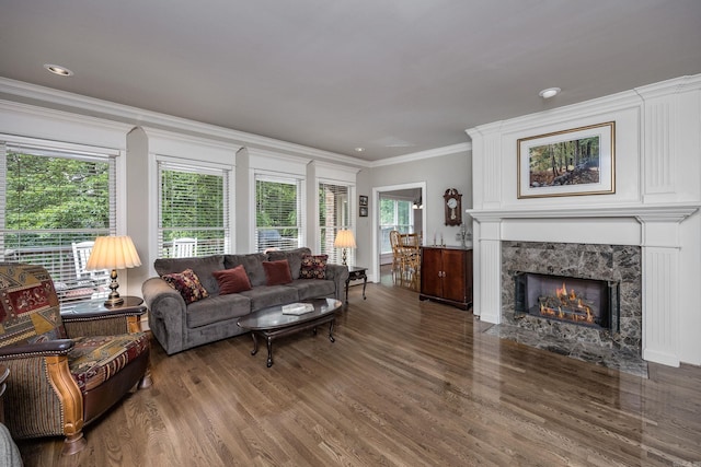 6 Frecourt Ln, Little Rock, AR 72223 - living room featuring wood finished floors, crown molding, recessed lighting, and a fireplace
