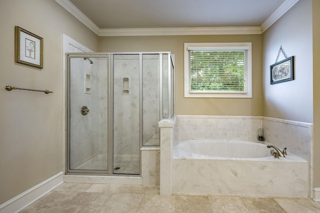 6 Frecourt Ln, Little Rock, AR 72223 - bathroom with a shower stall, a bath, and crown molding