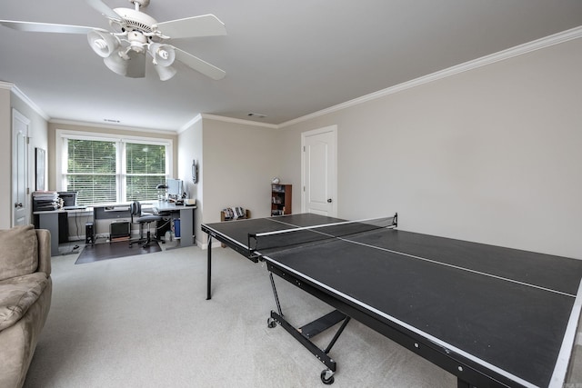 6 Frecourt Ln, Little Rock, AR 72223 - game room featuring ornamental molding, a desk, carpet, and ceiling fan