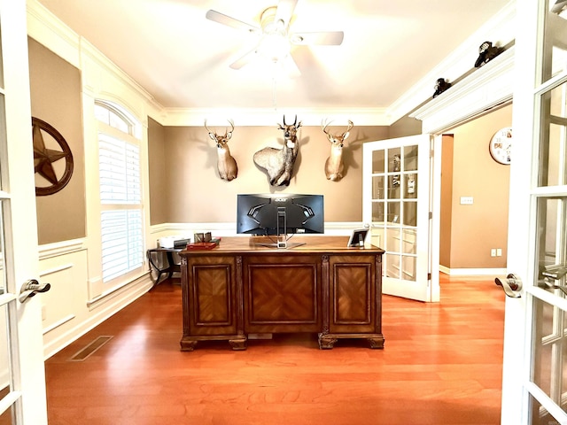 14 Windrush Pt, Little Rock, AR 72211 - home office featuring ceiling fan, ornamental molding, a wainscoted wall, wood finished floors, and a decorative wall