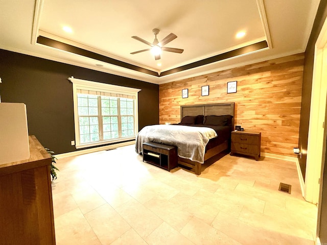 14 Windrush Pt, Little Rock, AR 72211 - bedroom with a raised ceiling, wood walls, crown molding, ceiling fan, and recessed lighting
