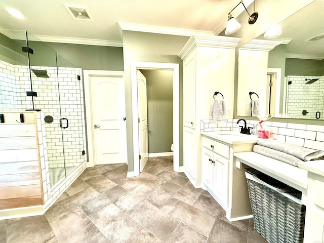14 Windrush Pt, Little Rock, AR 72211 - bathroom featuring crown molding, a shower stall, vanity, baseboards, and toilet