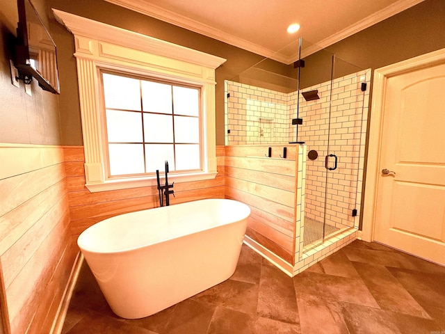14 Windrush Pt, Little Rock, AR 72211 - full bath featuring a freestanding bath, ornamental molding, a stall shower, and a wainscoted wall