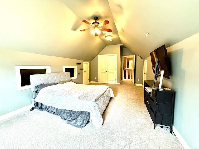 14 Windrush Pt, Little Rock, AR 72211 - bedroom featuring light colored carpet, baseboards, lofted ceiling, and ceiling fan