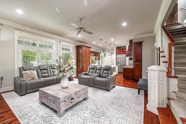 12 Darro Way, Hot Springs Village, AR 71909 - living room featuring stairway, ornamental molding, ceiling fan, wood finished floors, and baseboards