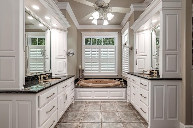 12 Darro Way, Hot Springs Village, AR 71909 - full bathroom with ceiling fan, plenty of natural light, a bath, two vanities, and ornamental molding