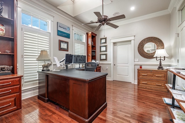 12 Darro Way, Hot Springs Village, AR 71909 - office space with crown molding, a ceiling fan, and dark wood finished floors