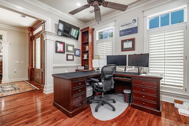 12 Darro Way, Hot Springs Village, AR 71909 - office area featuring wood finished floors, ornamental molding, ceiling fan, and baseboards
