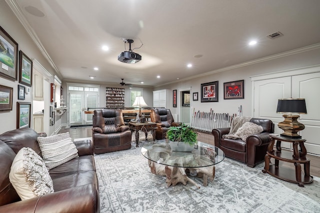 12 Darro Way, Hot Springs Village, AR 71909 - living area with ornamental molding, light wood-style floors, a ceiling fan, and recessed lighting