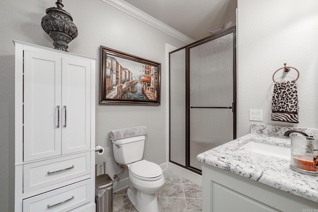 12 Darro Way, Hot Springs Village, AR 71909 - full bathroom featuring crown molding, a shower stall, marble finish floors, toilet, and vanity