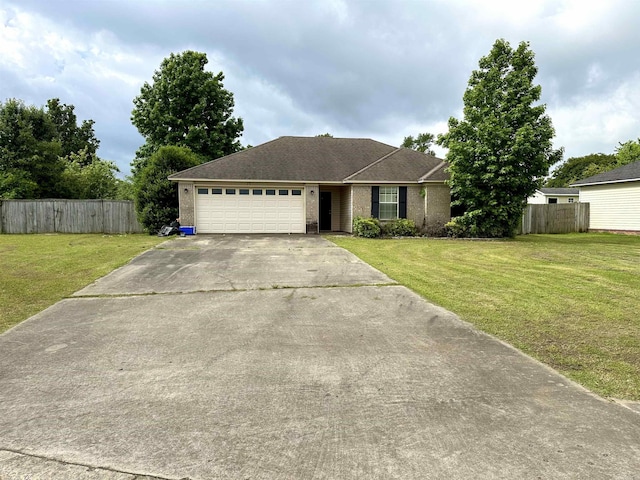 ranch-style home featuring concrete driveway, a garage, and brick siding