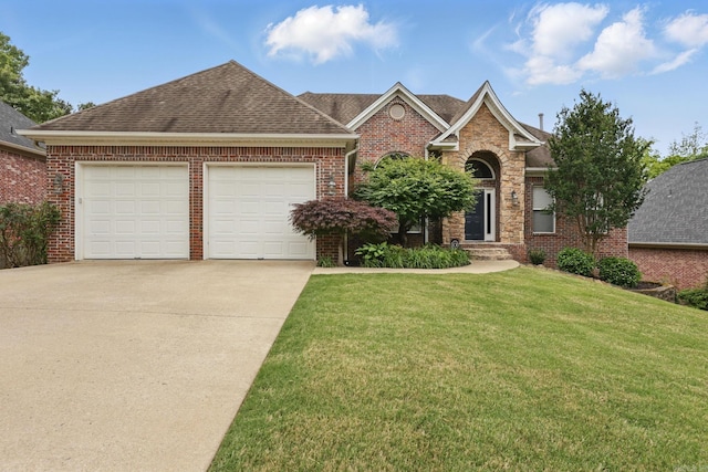 15 Challain Cv, Little Rock, AR 72223 - traditional home with an attached garage, driveway, brick siding, a front lawn, and roof with shingles