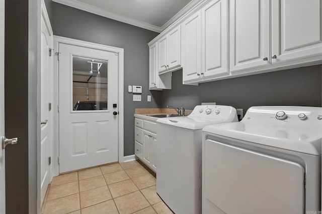 15 Challain Cv, Little Rock, AR 72223 - clothes washing area featuring cabinet space, independent washer and dryer, ornamental molding, and light tile patterned floors