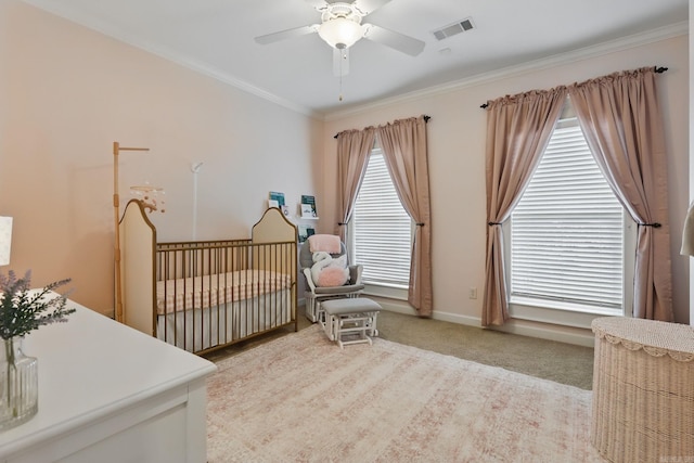 15 Challain Cv, Little Rock, AR 72223 - bedroom with a crib, ornamental molding, light carpet, a ceiling fan, and baseboards
