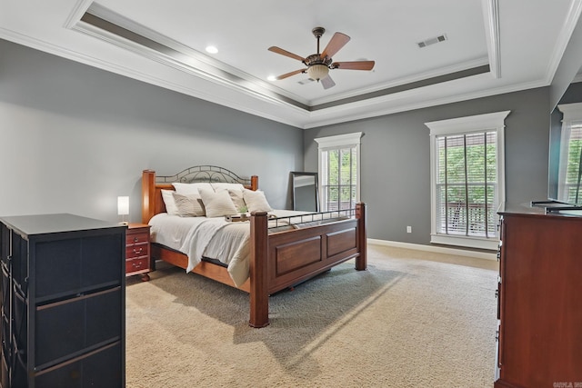 15 Challain Cv, Little Rock, AR 72223 - carpeted bedroom with a tray ceiling, ornamental molding, baseboards, and a ceiling fan
