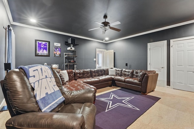 15 Challain Cv, Little Rock, AR 72223 - carpeted living area with ceiling fan, ornamental molding, and recessed lighting