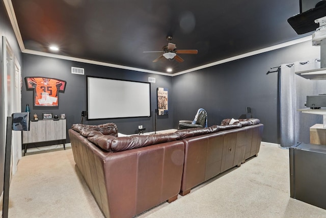 15 Challain Cv, Little Rock, AR 72223 - cinema room featuring light carpet, a ceiling fan, ornamental molding, and recessed lighting