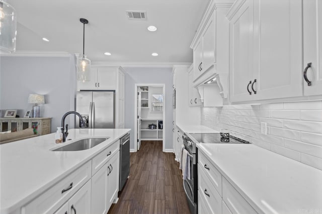 7841 S Shoreline Blvd, Benton, AR 72019 - kitchen with appliances with stainless steel finishes, a sink, light countertops, white cabinetry, and crown molding