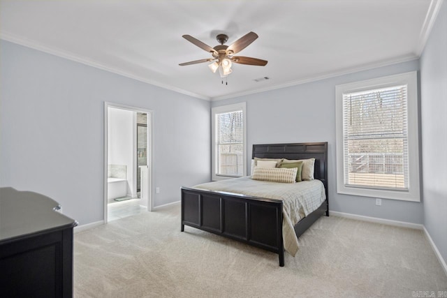 7841 S Shoreline Blvd, Benton, AR 72019 - bedroom featuring light carpet, crown molding, baseboards, ensuite bath, and a ceiling fan