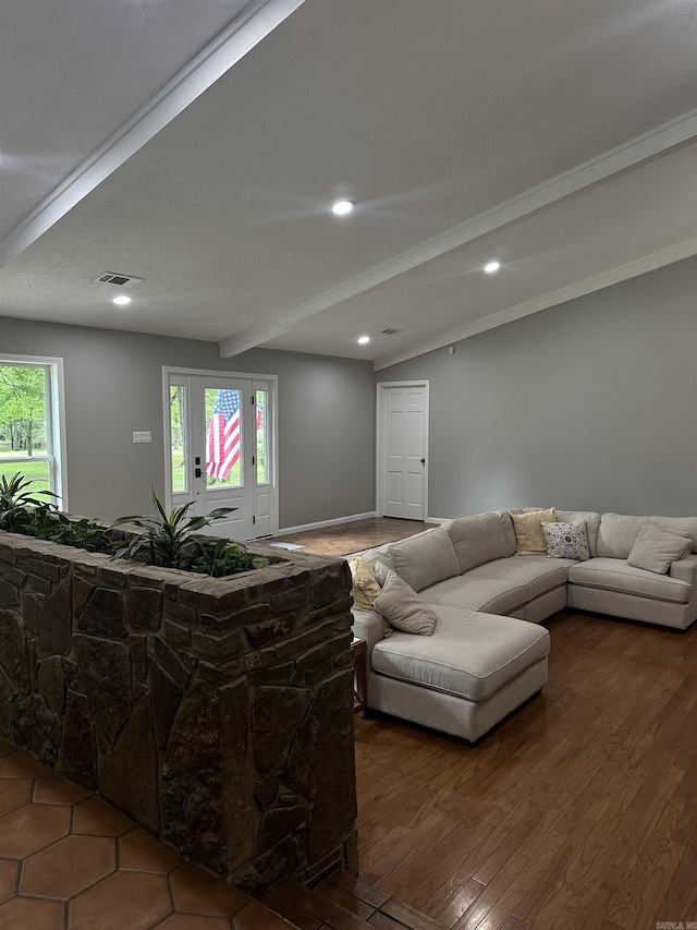 18 Riviera Dr, Conway, AR 72034 - living room featuring wood finished floors, recessed lighting, and beam ceiling