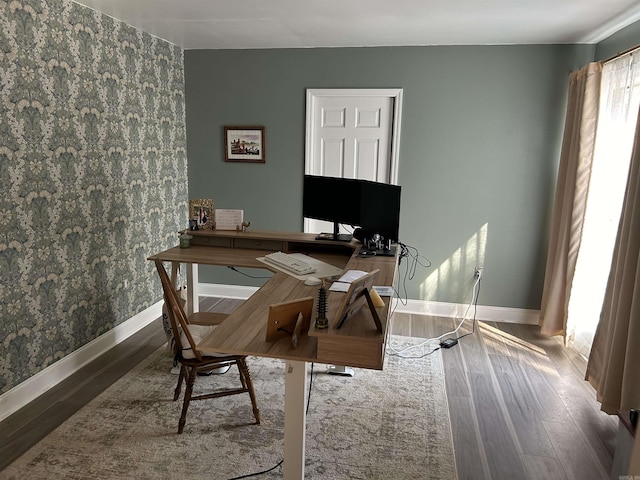 18 Riviera Dr, Conway, AR 72034 - home office with baseboards, wood finished floors, and wallpapered walls