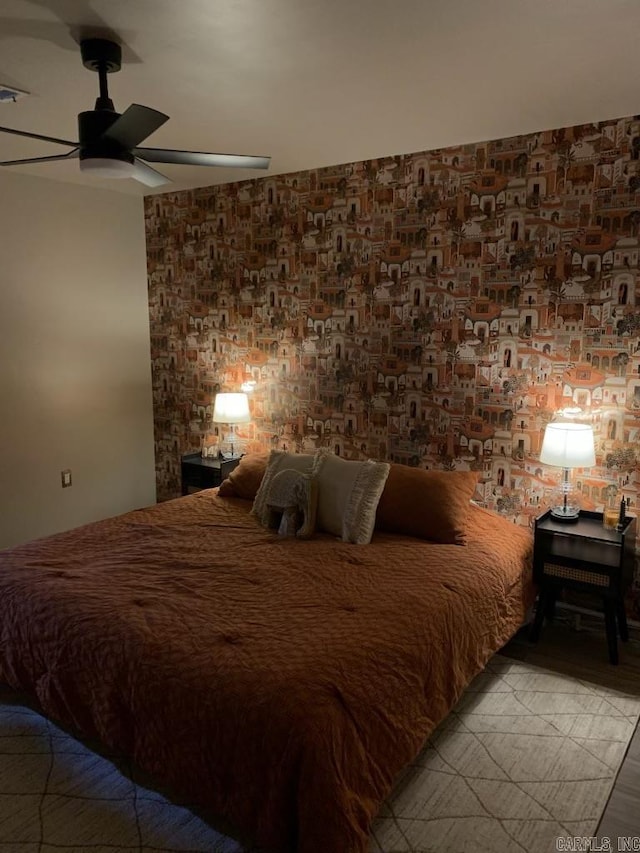 18 Riviera Dr, Conway, AR 72034 - bedroom with wood finished floors, ceiling fan, and brick wall