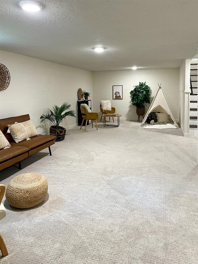 506 W Clinton St, Heber Springs, AR 72543 - living area with carpet flooring, concrete block wall, and a textured ceiling