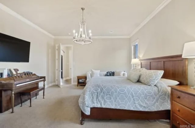 bedroom with a chandelier, crown molding, carpet, and baseboards