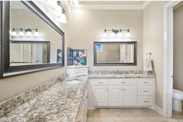 bathroom with crown molding, toilet, and vanity