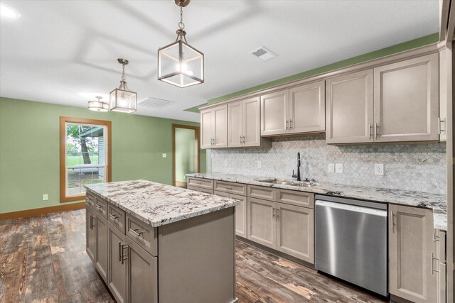 17259 Reynolds Rd, Harrisburg, AR 72432 - kitchen featuring dishwasher, a sink, gray cabinetry, and backsplash