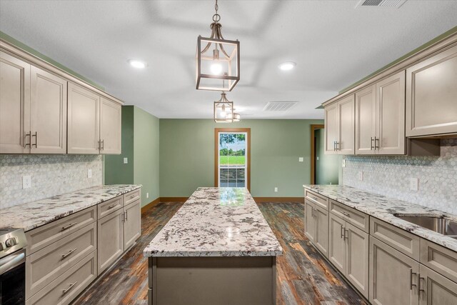 17259 Reynolds Rd, Harrisburg, AR 72432 - kitchen with dark wood-style floors, stainless steel electric range, baseboards, backsplash, and recessed lighting