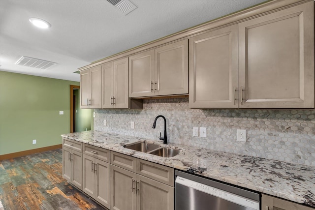 17259 Reynolds Rd, Harrisburg, AR 72432 - kitchen featuring a sink, dishwasher, dark wood-style flooring, baseboards, and backsplash
