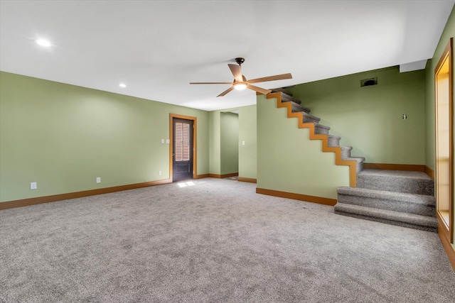 17259 Reynolds Rd, Harrisburg, AR 72432 - unfurnished living room featuring ceiling fan, baseboards, stairway, carpet, and recessed lighting