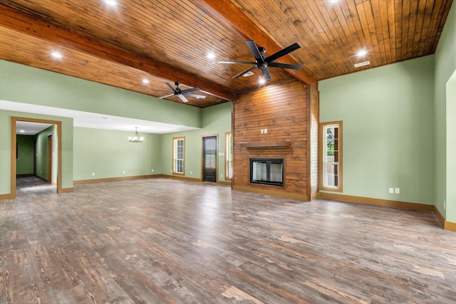 17259 Reynolds Rd, Harrisburg, AR 72432 - unfurnished living room featuring a ceiling fan, a fireplace, wood finished floors, baseboards, and wooden ceiling