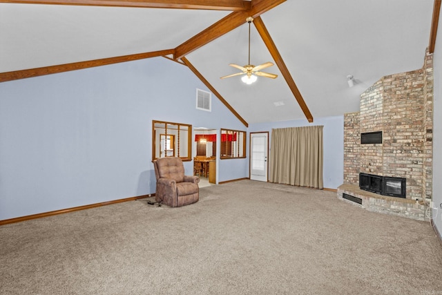 204 Pleasant Ridge Rd, El Paso, AR 72045 - unfurnished room featuring high vaulted ceiling, carpet flooring, a brick fireplace, a ceiling fan, and beamed ceiling