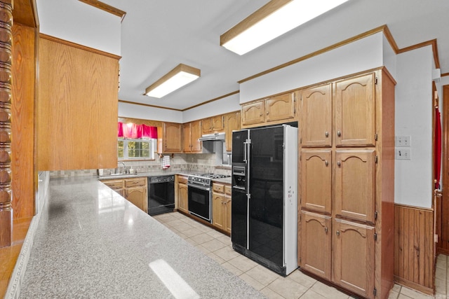 204 Pleasant Ridge Rd, El Paso, AR 72045 - kitchen featuring black appliances, ornamental molding, backsplash, light countertops, and a sink