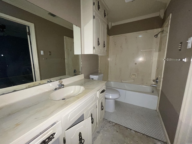 bathroom with toilet, tub / shower combination, crown molding, and vanity
