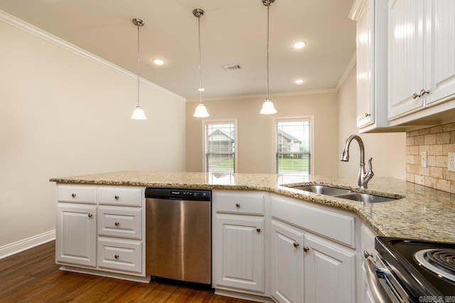 1710 Josh Dr, Conway, AR 72034 - kitchen featuring dishwasher, a sink, crown molding, white cabinetry, and light stone countertops