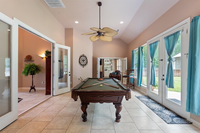 529 Enchanted Valley Ln, North Little Rock, AR 72118 - playroom featuring french doors, vaulted ceiling, billiards, a ceiling fan, and light tile patterned flooring