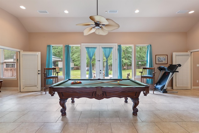 529 Enchanted Valley Ln, North Little Rock, AR 72118 - recreation room featuring billiards, plenty of natural light, a ceiling fan, lofted ceiling, and recessed lighting