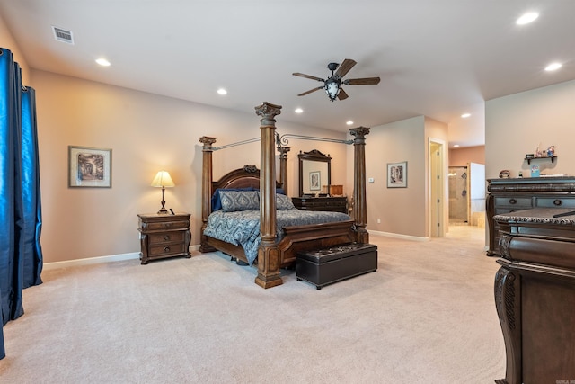 529 Enchanted Valley Ln, North Little Rock, AR 72118 - bedroom featuring light carpet, recessed lighting, baseboards, connected bathroom, and ceiling fan