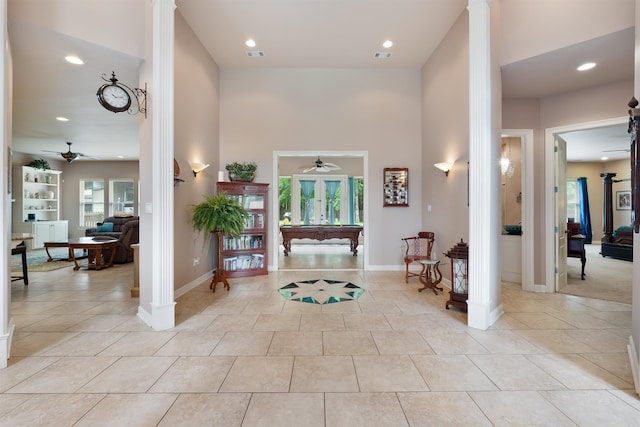 529 Enchanted Valley Ln, North Little Rock, AR 72118 - foyer with ceiling fan, ornate columns, baseboards, recessed lighting, and light tile patterned floors