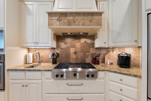 529 Enchanted Valley Ln, North Little Rock, AR 72118 - kitchen featuring a sink, stainless steel appliances, custom exhaust hood, and white cabinets