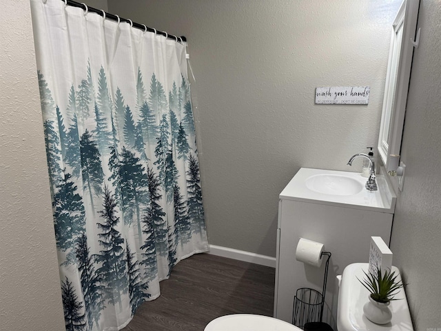 251 Grouse Trl, Pocahontas, AR 72455 - full bathroom featuring wood finished floors, vanity, curtained shower, baseboards, and toilet