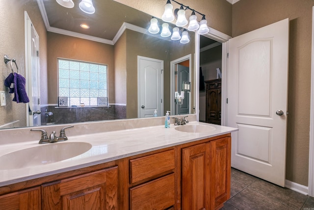 3407 Hemlock Cv, Benton, AR 72015 - full bathroom with tile patterned floors, ornamental molding, double vanity, and a textured wall