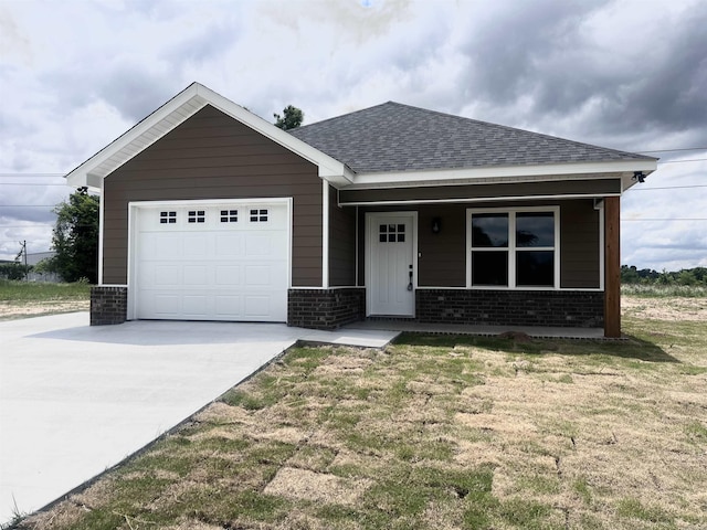 2708 S Belair, Pine Bluff, AR 71601 - ranch-style home with brick siding, a garage, concrete driveway, a shingled roof, and a porch