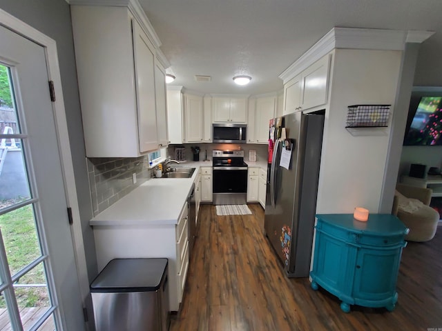 690 Redwood Dr, Piggott, AR 72454 - kitchen featuring appliances with stainless steel finishes, plenty of natural light, light countertops, and dark wood-style flooring