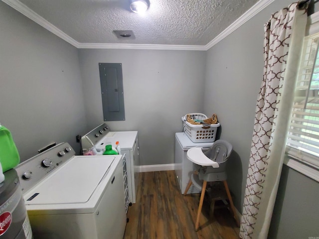 690 Redwood Dr, Piggott, AR 72454 - clothes washing area featuring electric panel, washer and clothes dryer, a textured ceiling, dark wood-style floors, and crown molding