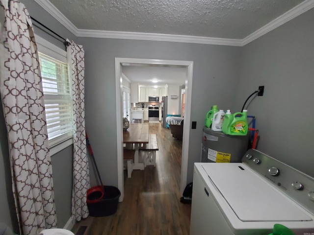 690 Redwood Dr, Piggott, AR 72454 - laundry room featuring washer / dryer, water heater, wood finished floors, ornamental molding, and a textured ceiling