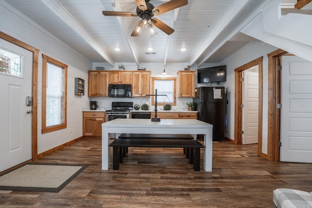 948 Sunny Slope Rd, Edgemont, AR 72044 - kitchen with black appliances, dark wood finished floors, light countertops, beam ceiling, and baseboards